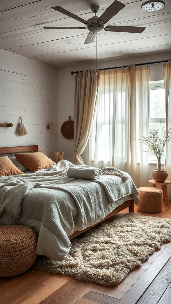 A cozy rustic bedroom featuring layered textiles, including a soft blanket, woven throw, and plush rug.