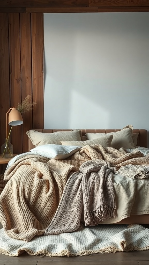 A cozy rustic modern bedroom with layered textured fabrics on the bed.