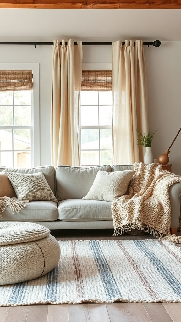 Cozy farmhouse living room with textured fabrics and layered decor