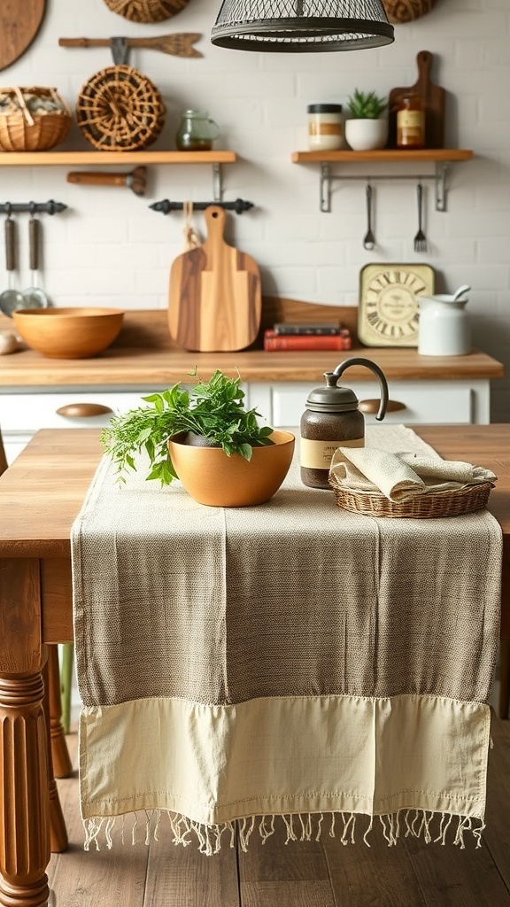 A modern rustic kitchen featuring textured fabrics and linens on a wooden table.