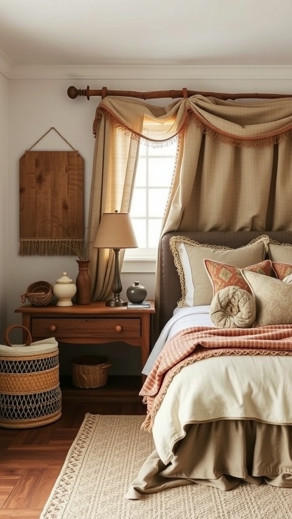 A cozy bedroom featuring layered bedding, textured fabrics, and natural decor.