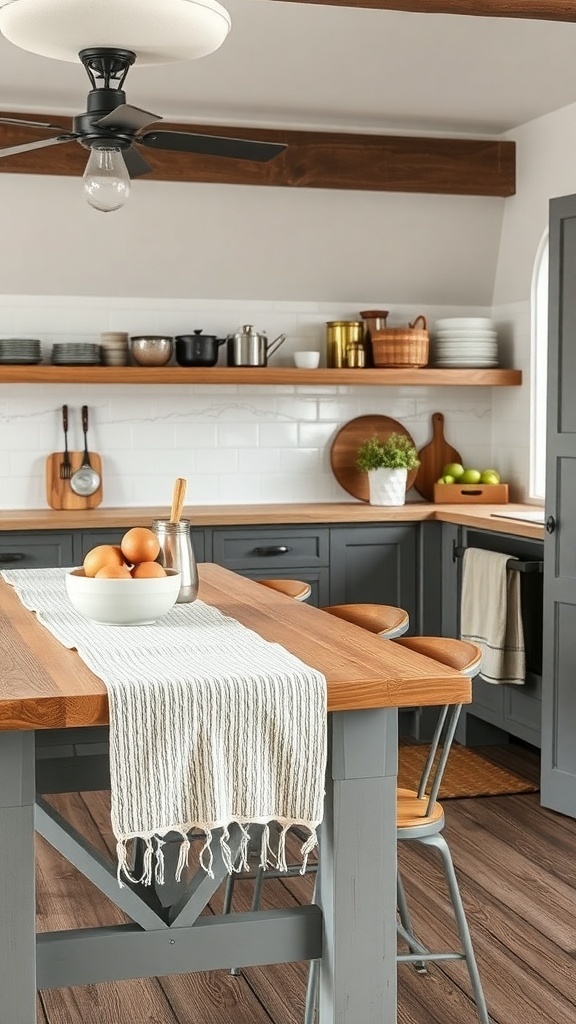 A farmhouse kitchen with a wooden table, textured table runner, and various kitchen items on display.