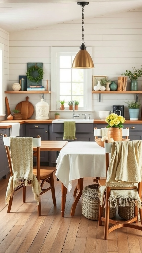 A cozy farmhouse kitchen with textured fabrics and linens on chairs and table.
