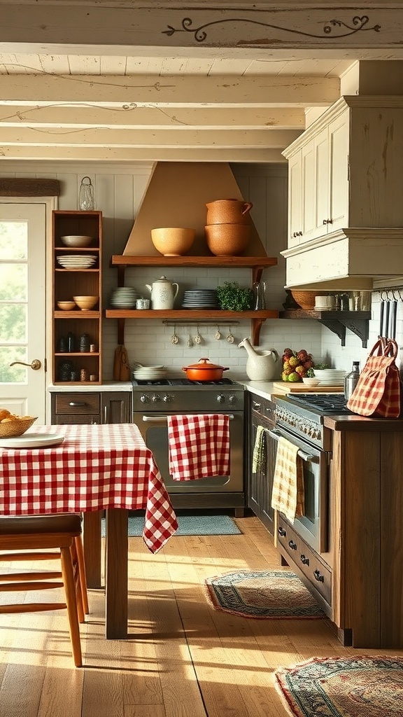 A cozy farmhouse kitchen with checkered tablecloths and textured linens.