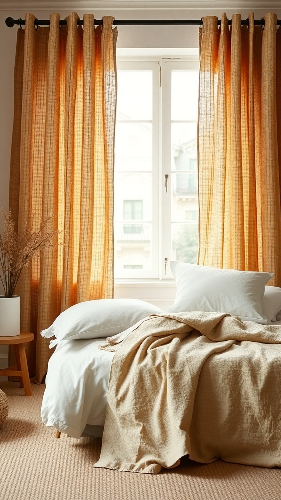 A cozy bedroom with textured linens and curtains, showcasing rustic farmhouse decor.