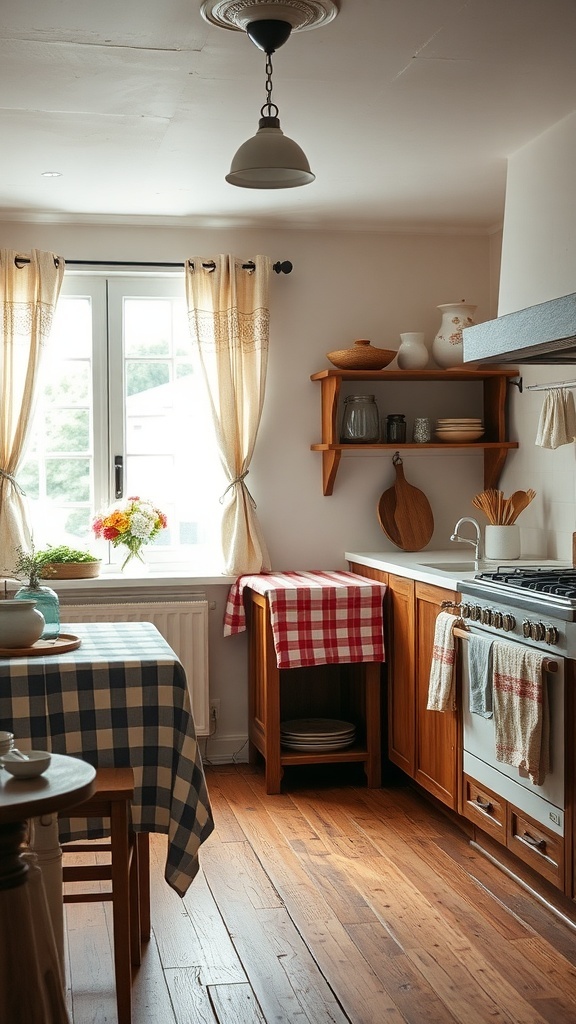 A rustic kitchen featuring checkered tablecloths and light curtains, creating a cozy atmosphere.