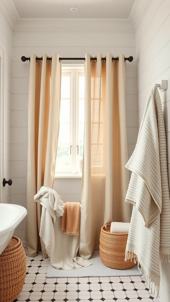 A modern farmhouse bathroom featuring textured fabrics and linens.