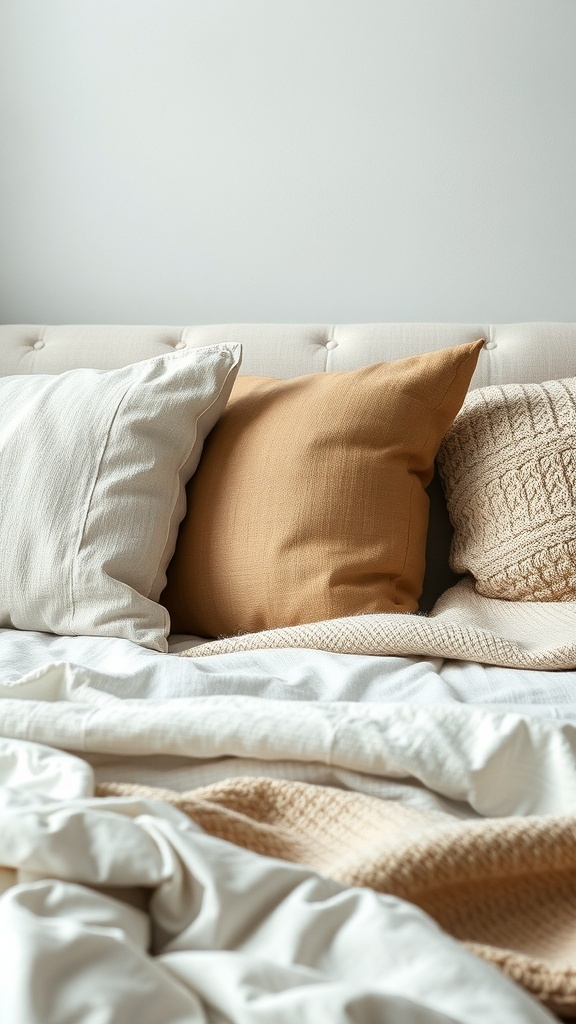 A cozy bed with textured pillows and blankets in earthy tones.