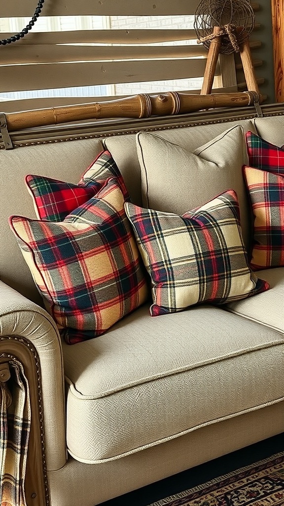 A cozy sofa adorned with various textured pillows in plaid and knit patterns against a wooden wall.