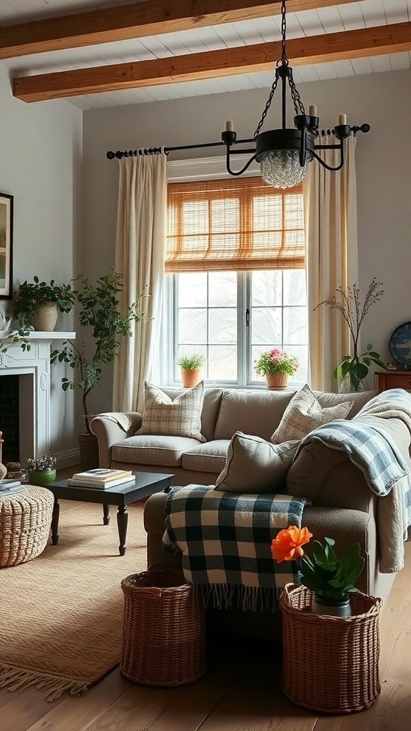 A cozy farmhouse living room with textured fabrics and patterns.