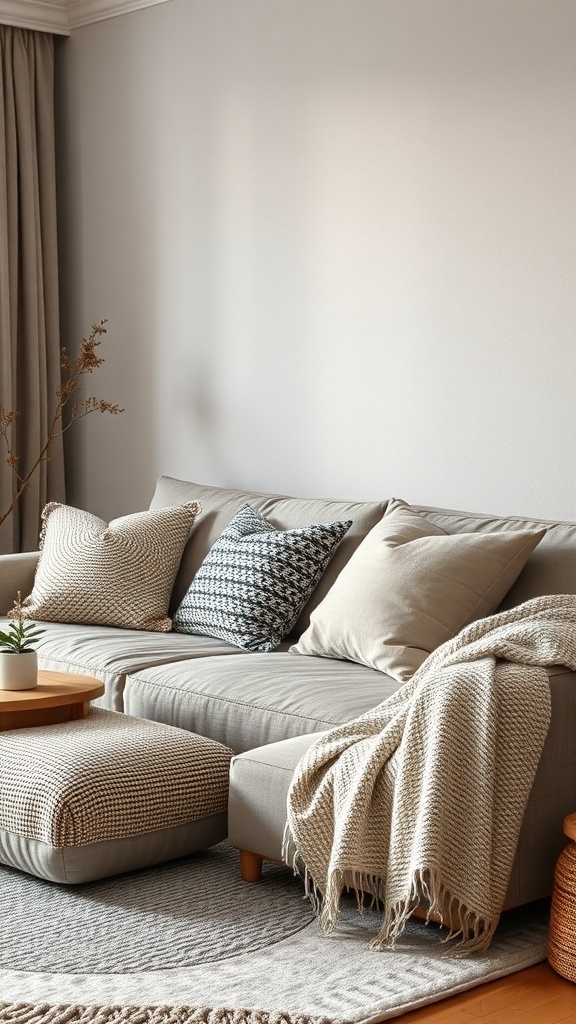 A cozy living room with a modern farmhouse style featuring a sofa with textured pillows and a knitted throw.