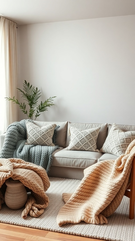 A cozy living room with a sofa adorned with textured pillows and throws, featuring a plant in the corner.