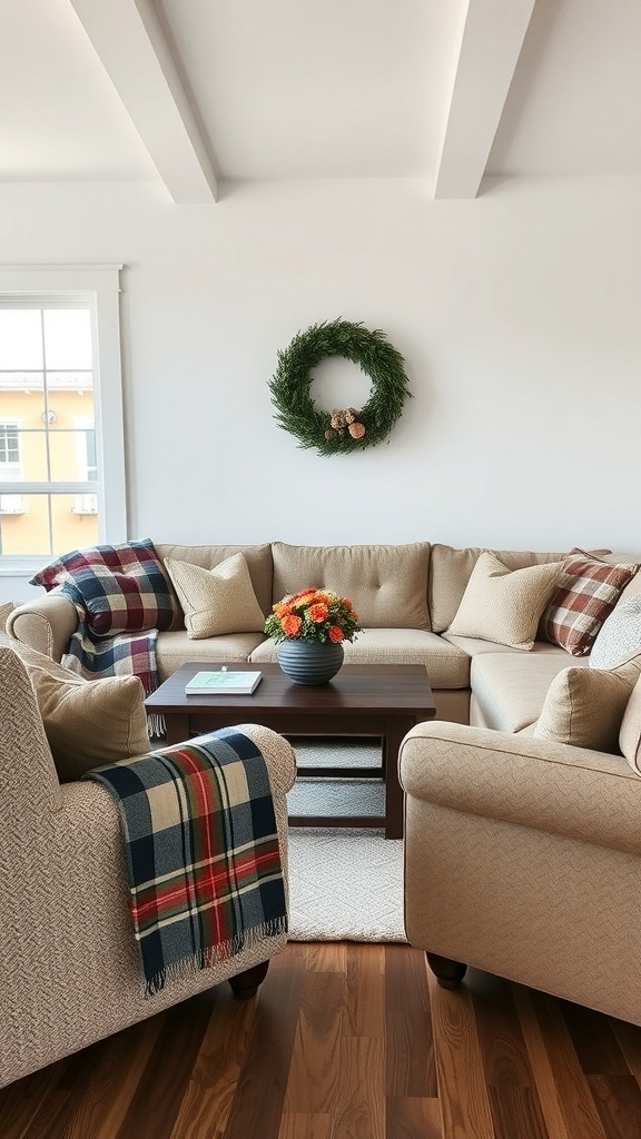 Cozy modern farmhouse living room with textured fabrics and patterns.
