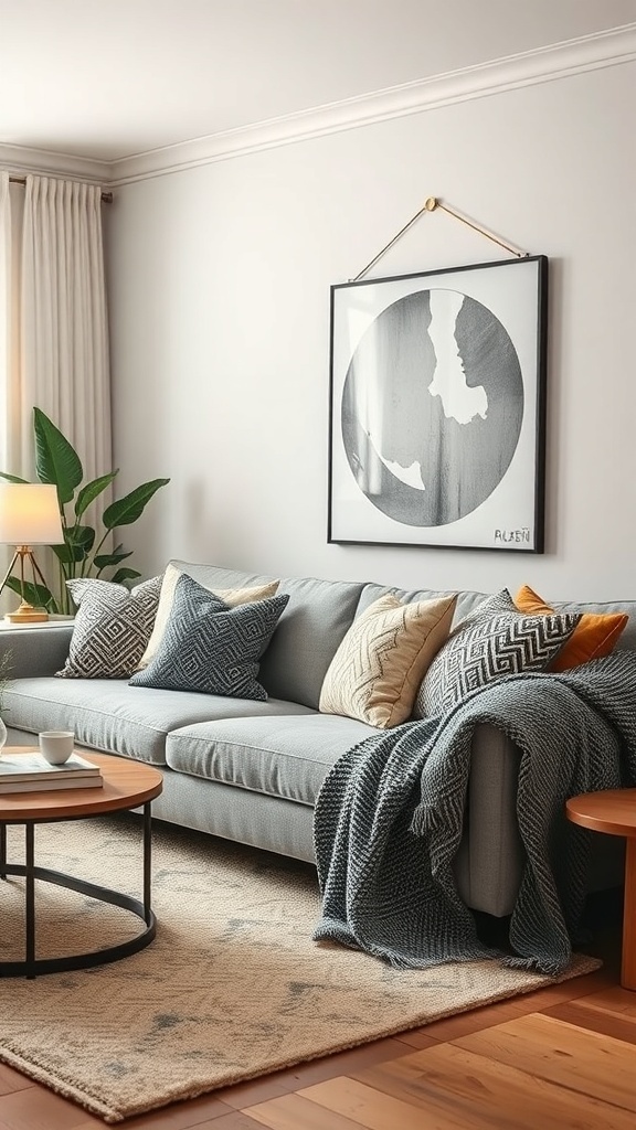 A cozy contemporary farmhouse living room with a gray sofa adorned with textured pillows and a soft throw blanket.