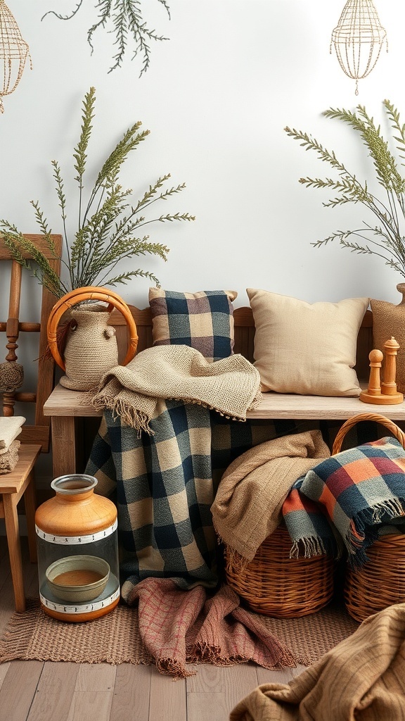 A cozy rustic setting with textured fabrics and patterns.
