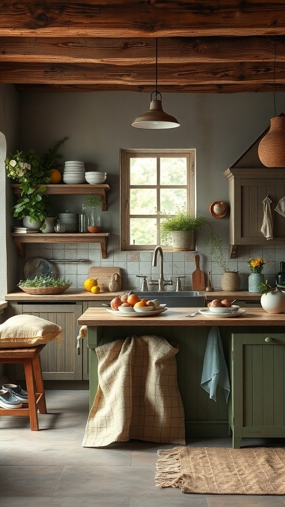 A rustic green kitchen with textured fabrics and patterns.