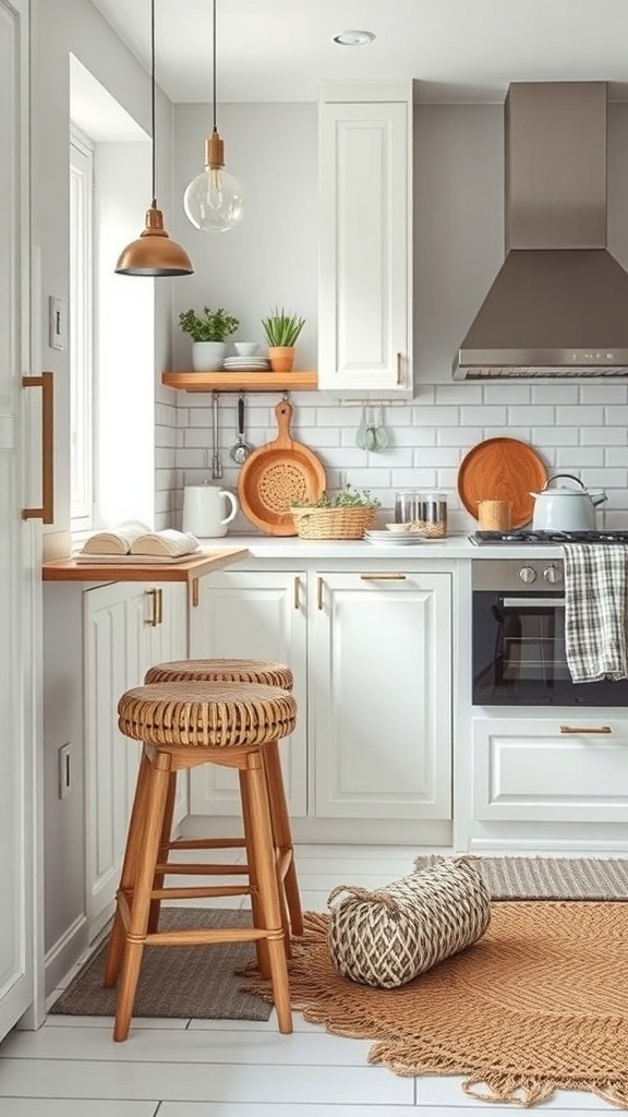 A cozy boho farmhouse kitchen featuring textured fabrics and rugs.
