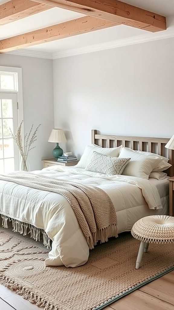 A cozy bedroom featuring a bed with textured fabrics and a woven rug.
