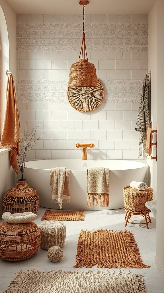 A rustic boho bathroom featuring textured fabrics and rugs in earthy tones.