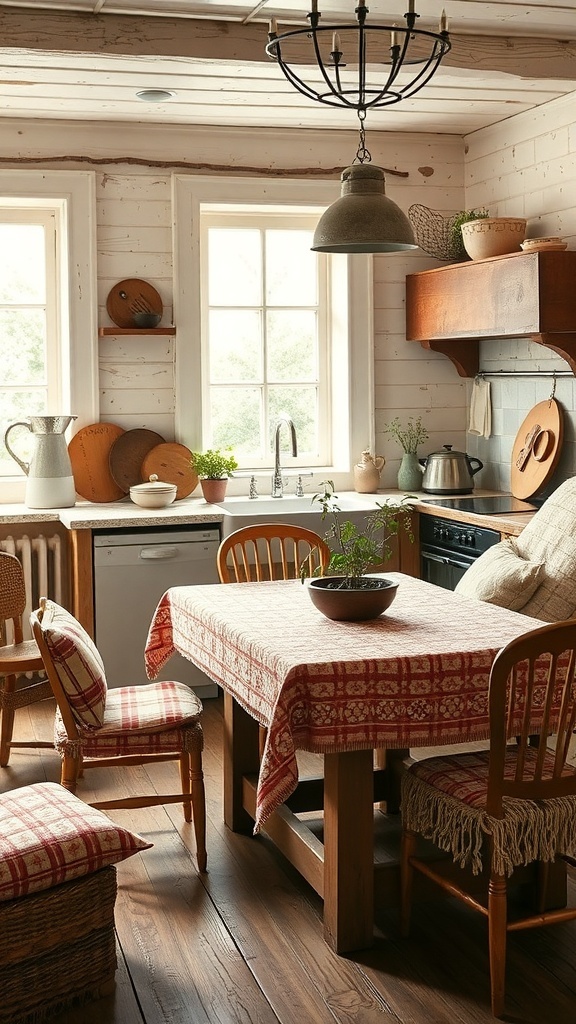 A cozy farmhouse kitchen with a wooden table, textured tablecloth, and soft furnishings.