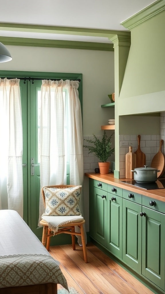 A cozy green farmhouse kitchen with soft furnishings and natural light.