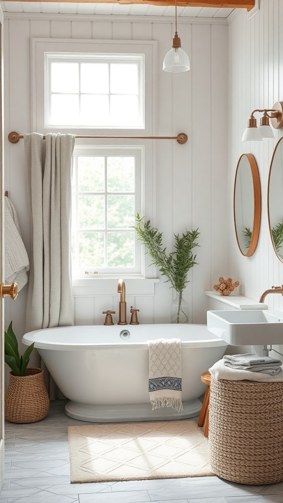 A modern farmhouse bathroom featuring a freestanding tub, soft linens, and natural textures.