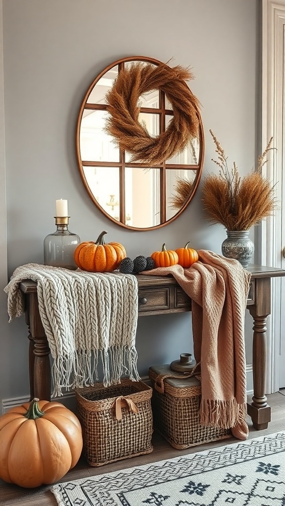 A fall entry table decorated with textured throws, pumpkins, and a mirror.