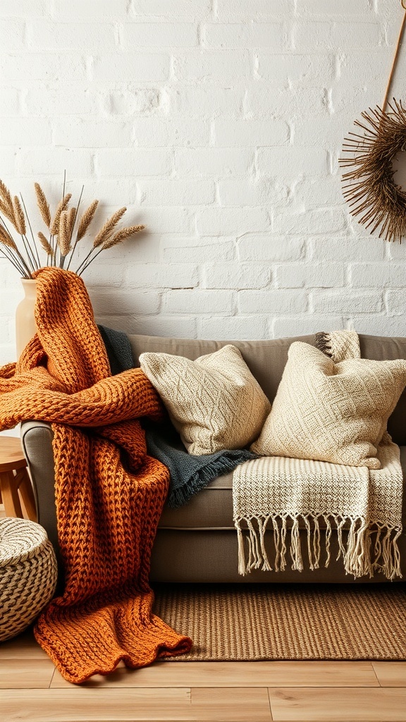 A cozy living room featuring textured throws and pillows on a sofa.