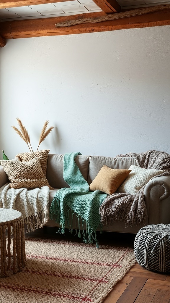 A cozy living room with textured throws and cushions on a sofa.