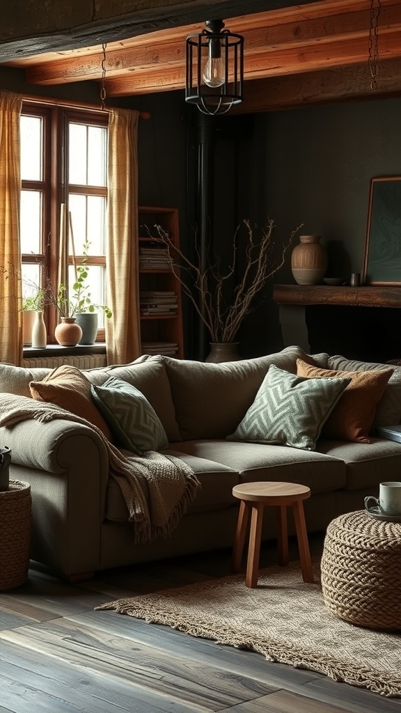 A cozy dark rustic living room with textured fabrics and throws.