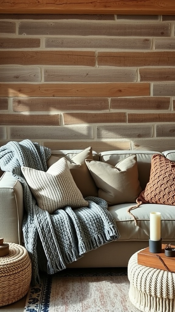 A cozy living room with a sofa adorned with textured throws and pillows, featuring a rustic wall.