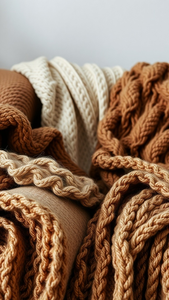A collection of textured fabrics and throws in warm earthy tones.