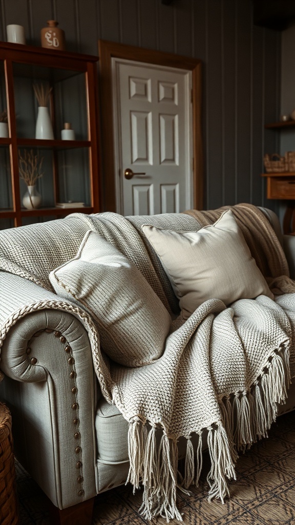 A cozy sofa with textured pillows and a knitted throw blanket.
