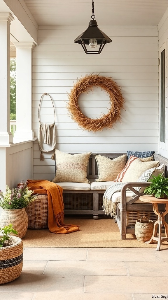 A cozy modern farmhouse porch with textured fabrics, pillows, and a warm throw.