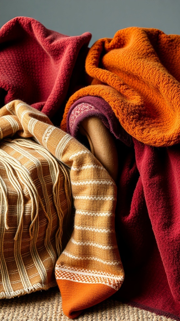A collection of warm, textured fabrics in autumn colors.