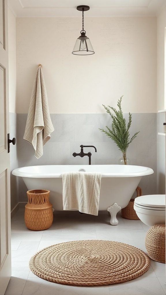 A rustic bathroom featuring a clawfoot tub, textured fabrics, and natural decor.