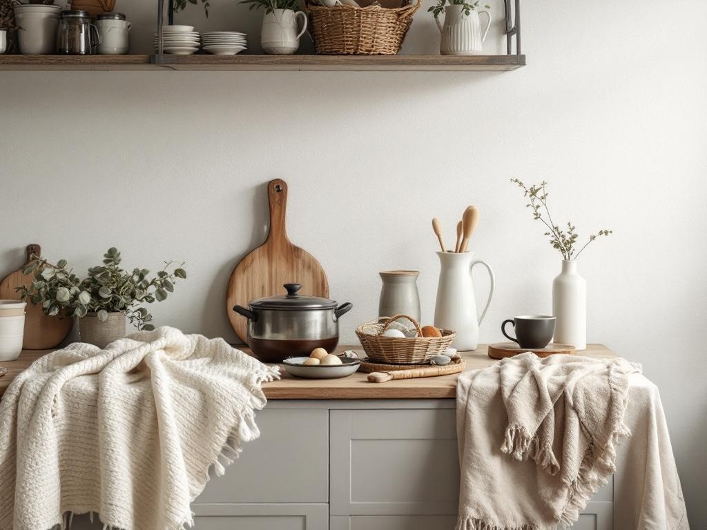 A cozy kitchen scene featuring textured fabrics, wooden elements, and simple decor.