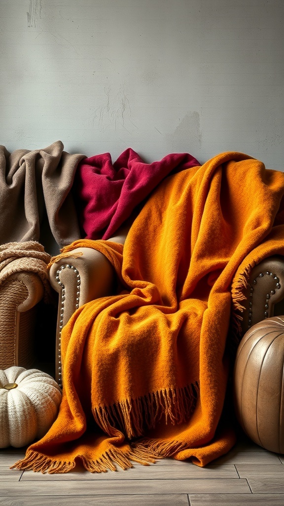 A cozy chair draped with textured blankets in autumn colors, surrounded by decorative pumpkins.