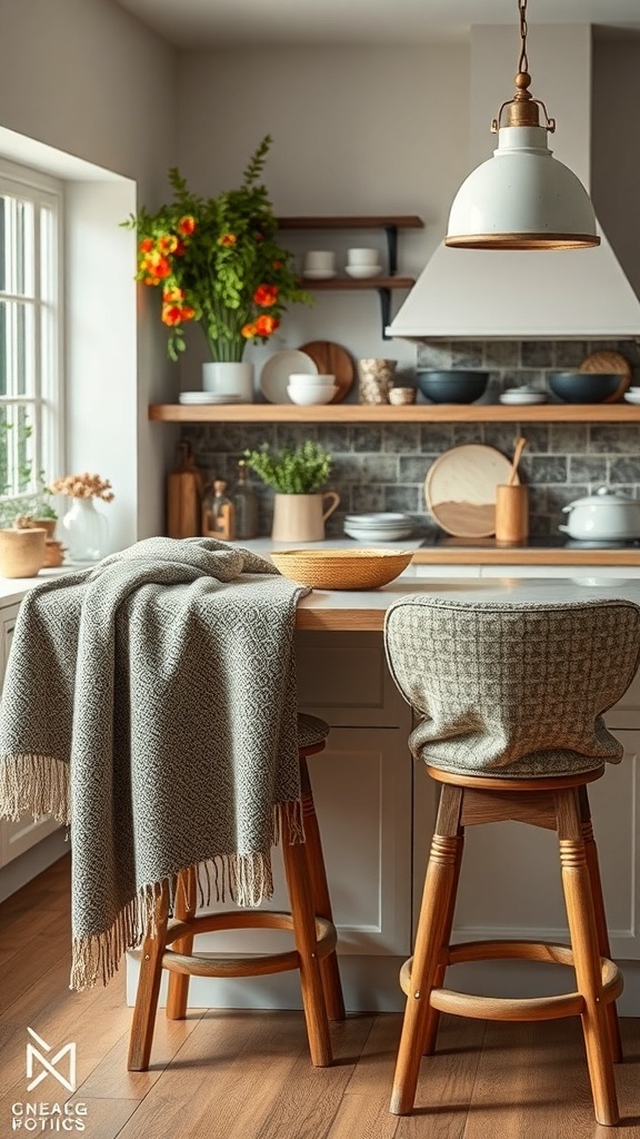 A cozy kitchen with textured fabrics, including a soft throw on wooden stools, creating a warm atmosphere.