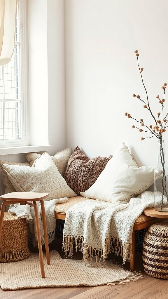 A cozy seating area with textured pillows, a soft throw blanket, and natural elements.