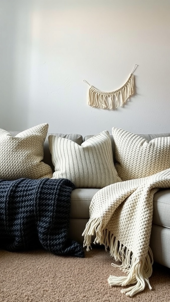 A cozy living room scene featuring a sofa with textured pillows and blankets.