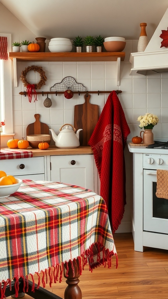 Cozy kitchen with plaid tablecloth, red throw, and autumn decorations
