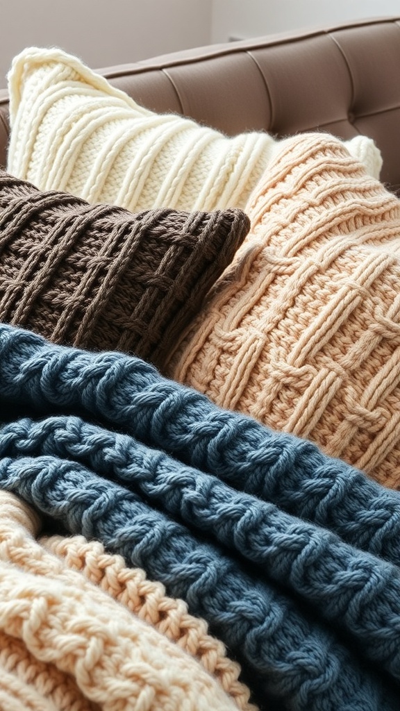 A cozy arrangement of knitted pillows and blankets in warm tones, perfect for fall decor.