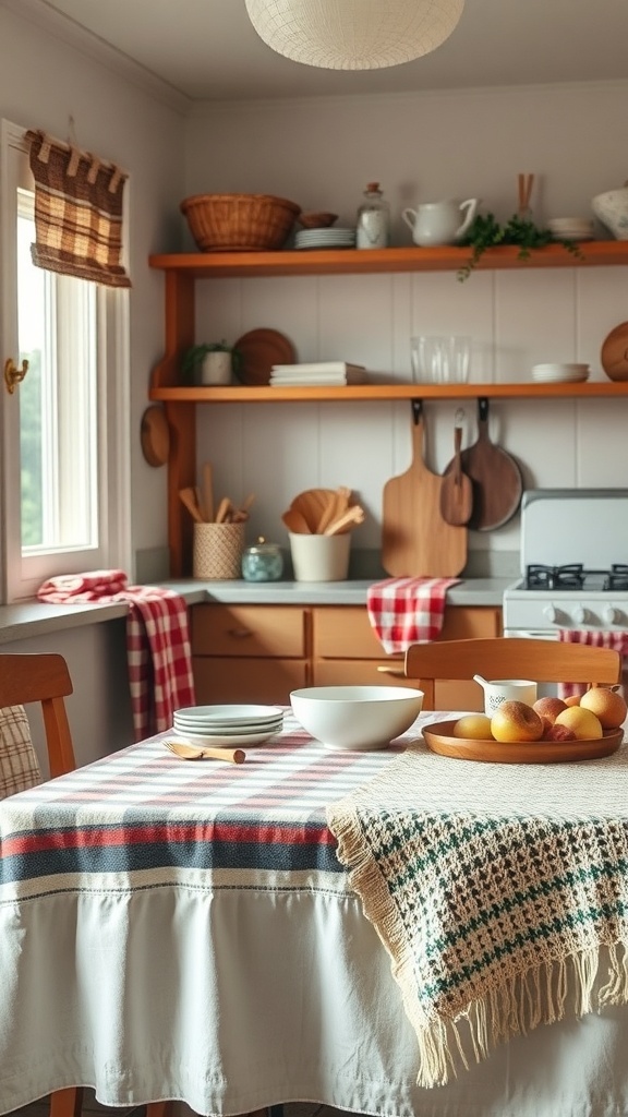 A cozy kitchen with a checkered tablecloth, woven throw, and striped curtains, creating a warm atmosphere.