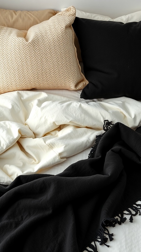 A cozy bed with black and tan textured pillows and blankets.