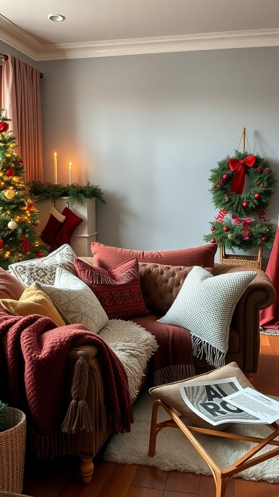 A cozy living room decorated for Christmas with textured fabrics, pillows, and festive decor.
