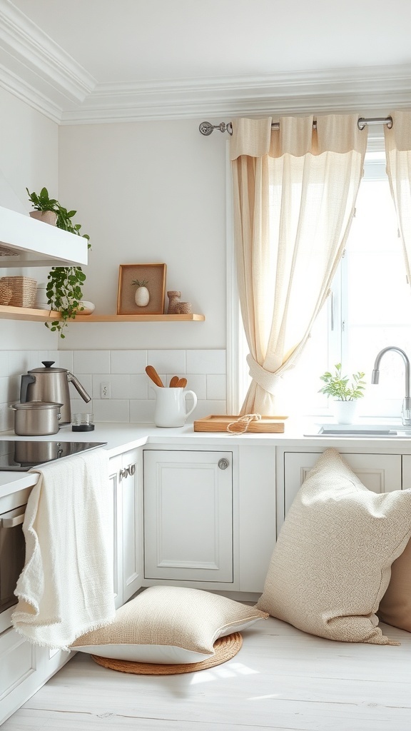 A bright white farmhouse kitchen with soft pillows and light curtains.