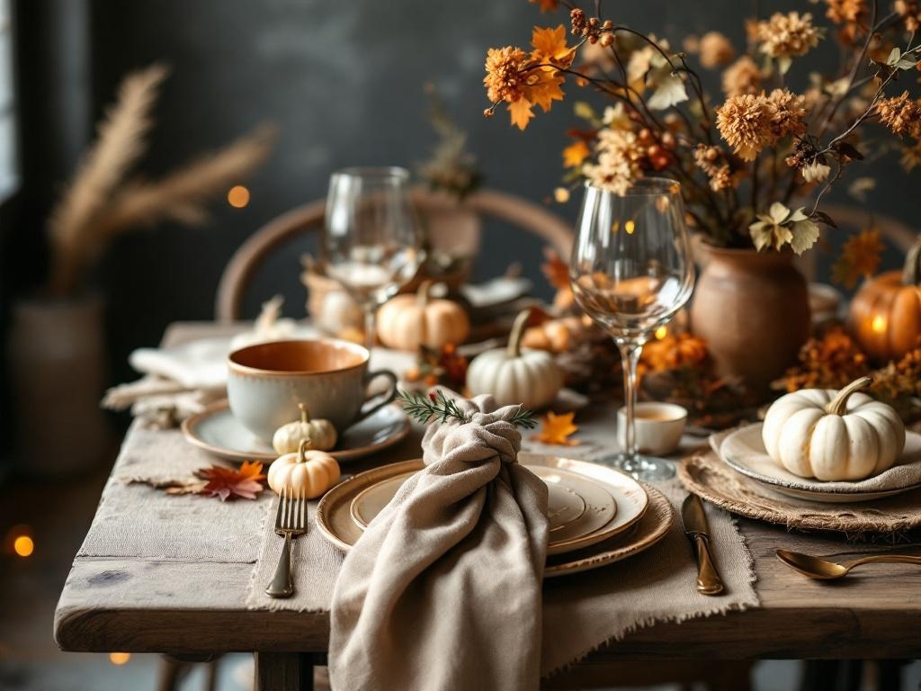 A beautifully set Thanksgiving table with textured fabrics, pumpkins, and autumn decorations.