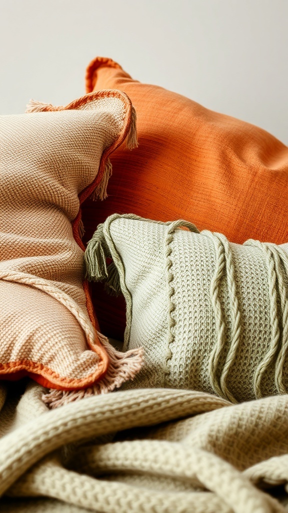 A close-up of textured pillows and blankets in earthy tones.