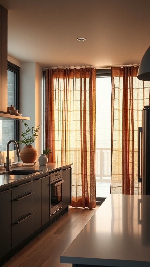Warm modern kitchen with textured fabric window treatments.